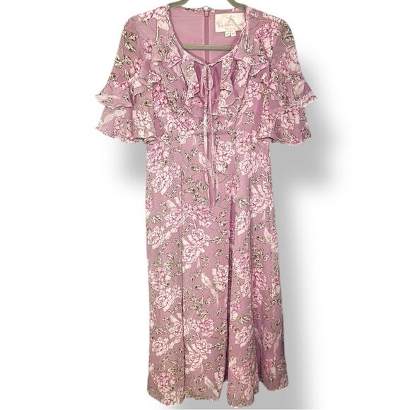 GAL MEETS GLAM Shelby Tie Neck Floral Midi Maxi Dress Ruffled Pink 6 Petite - Picture 4 of 8